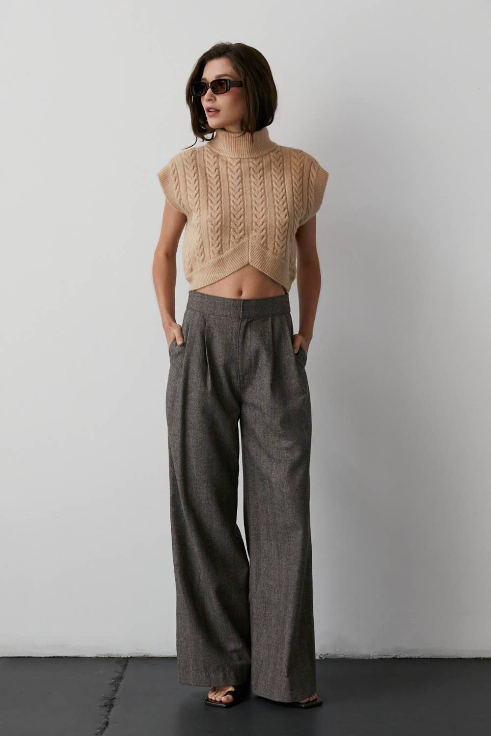 Camila Herringbone Wide-Leg Trouser