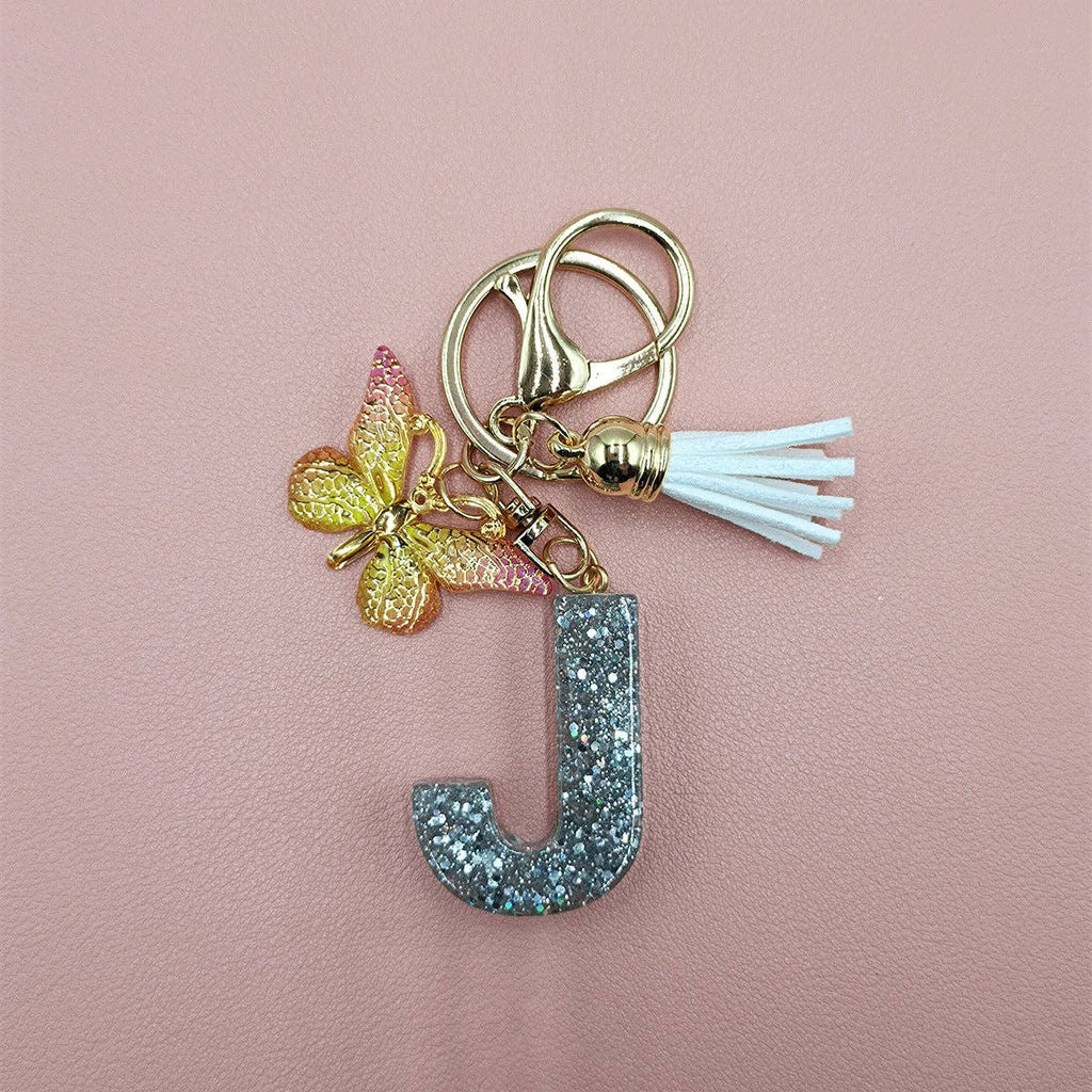 Silver Sequined Resin Letter Charm Keychains