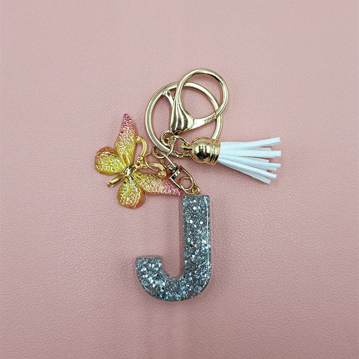 Silver Sequined Resin Letter Charm Keychains