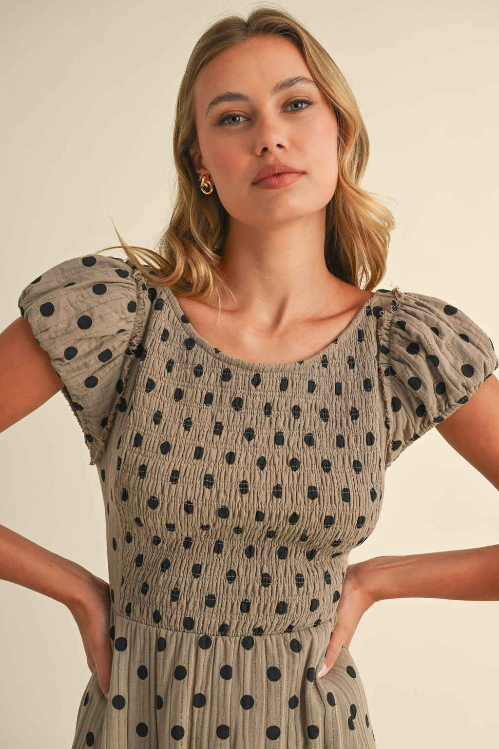 Polka Dot Criss Cross Open Back Smocked Maxi Dress