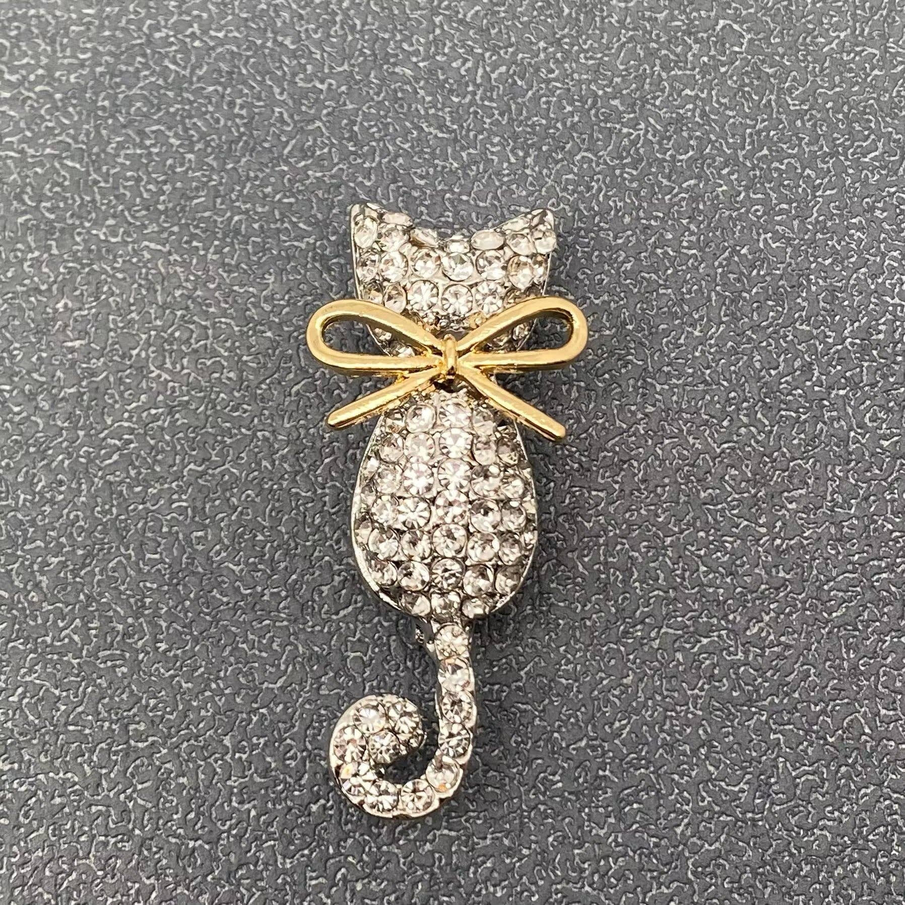 Jeweled Cat & Bow Brooch