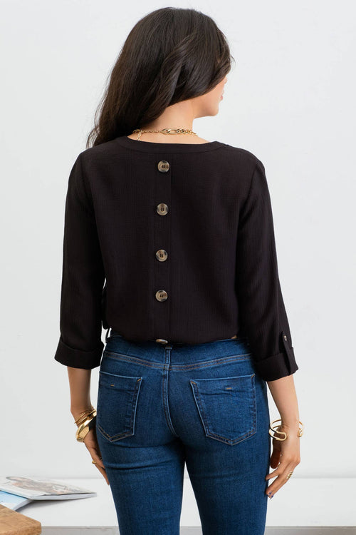 Split Neck Back Button 3/4 Tab Sleeve Top