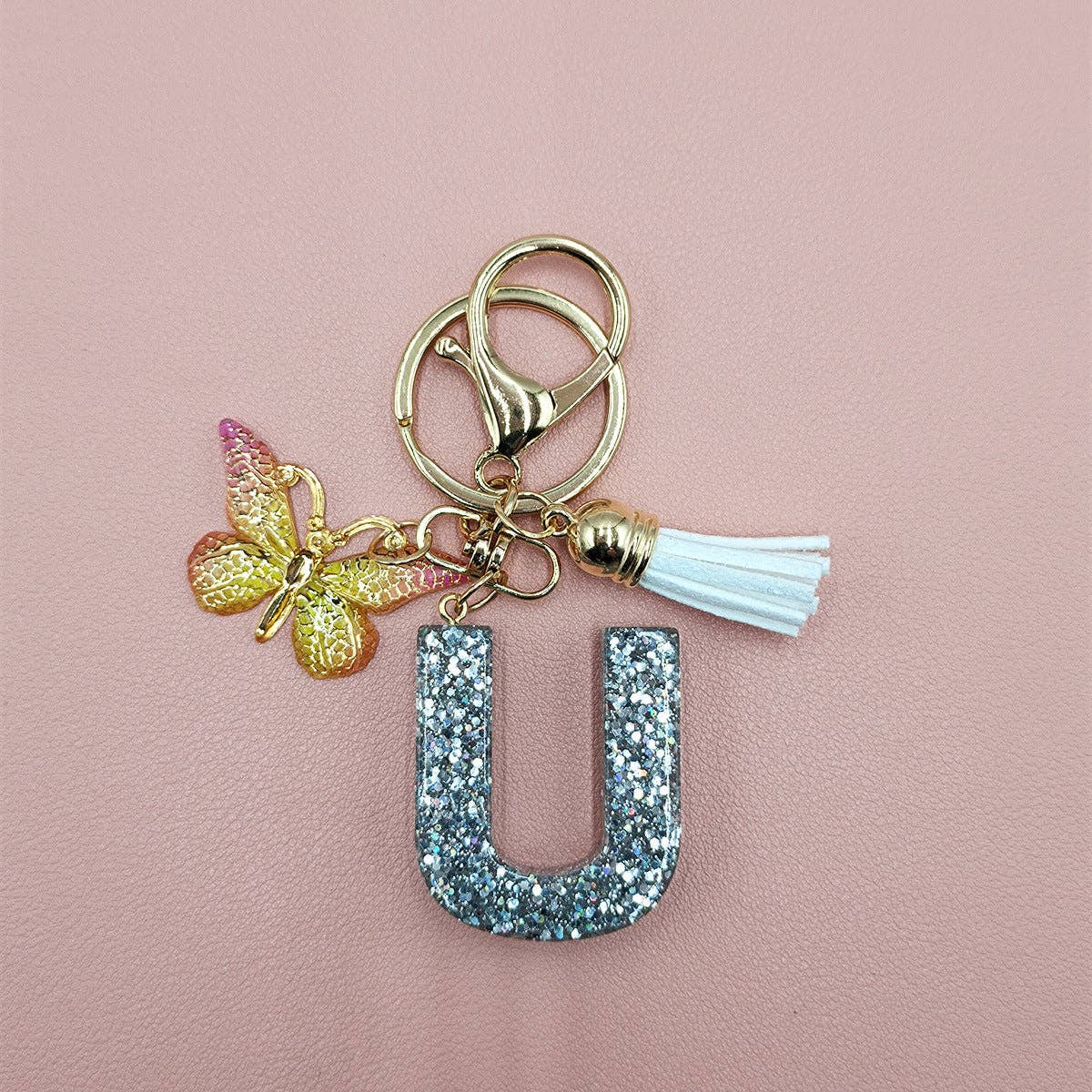 Silver Sequined Resin Letter Charm Keychains