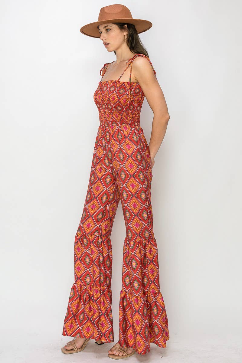 Boho Print Smocked Flared Jumpsuit 