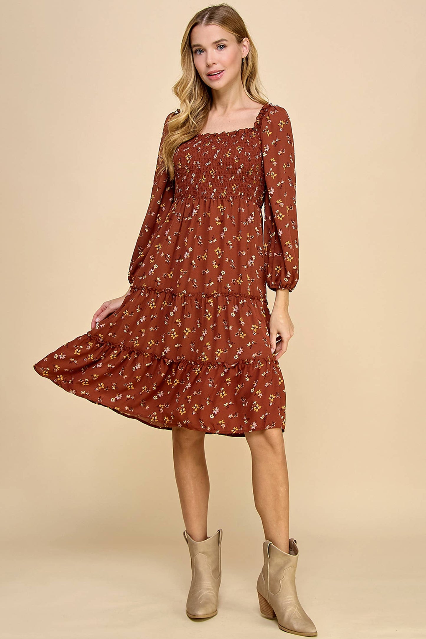 Tiered Floral Dress w/Smocking Long Sleeve 