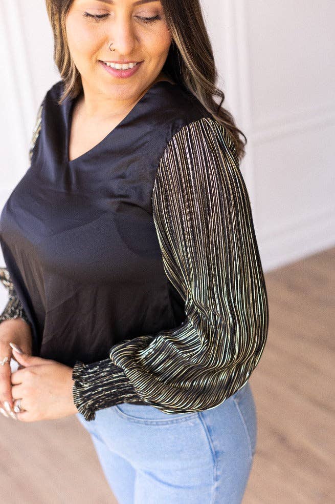 Glamour Gaze Black Top w/Shimmer Sleeves