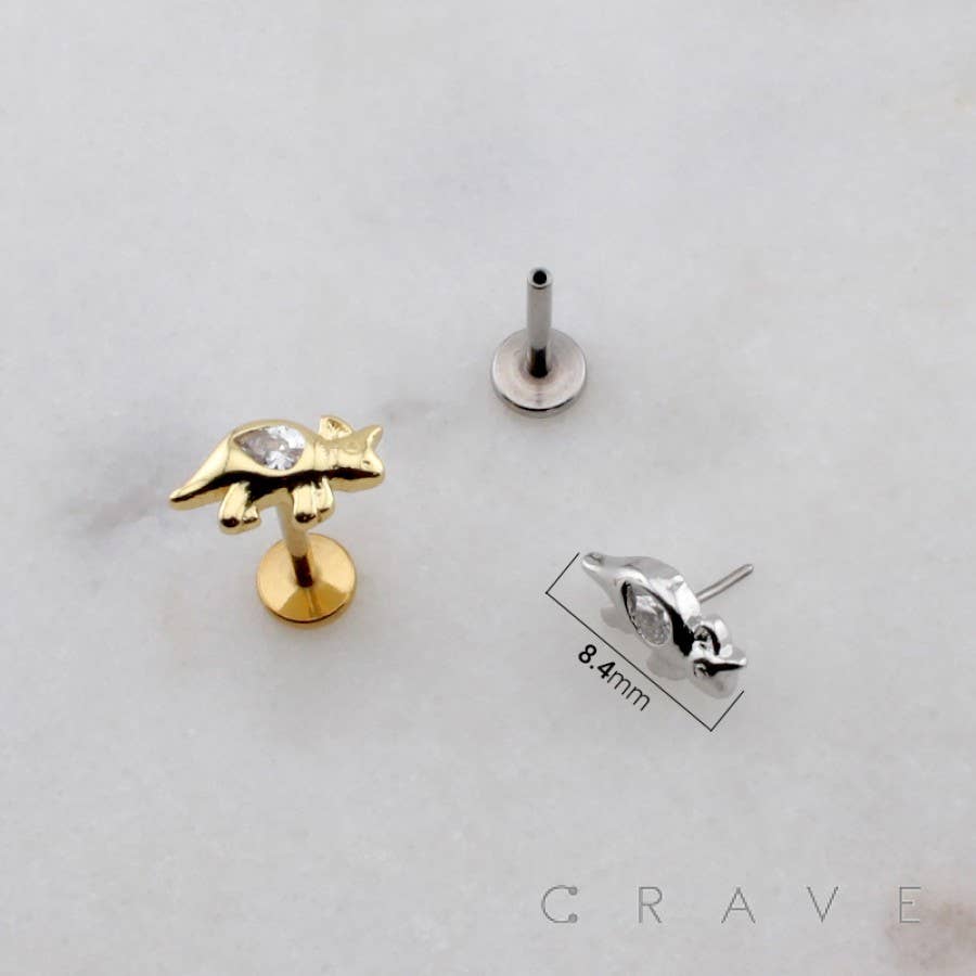 TEARDROP CZ TRICERATOPS DINOSAUR THREADLESS (PUSH IN) 316L S: GOLD-6mm