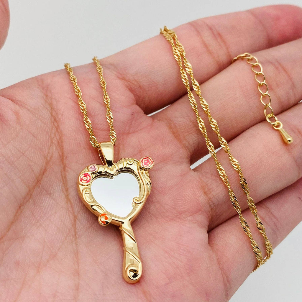 Enchanted Rose Heart Mirror Pendant Necklace