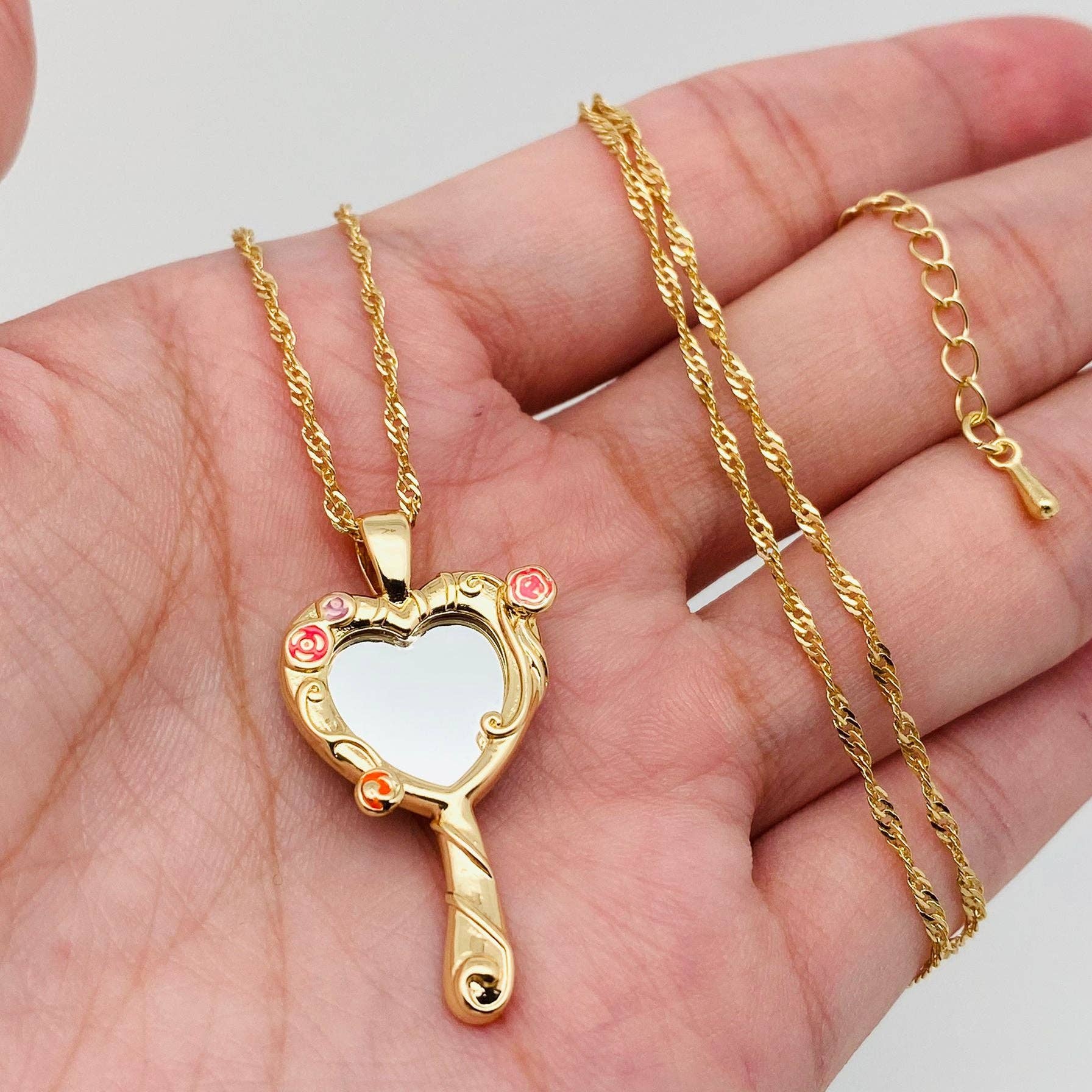 Enchanted Rose Heart Mirror Pendant Necklace