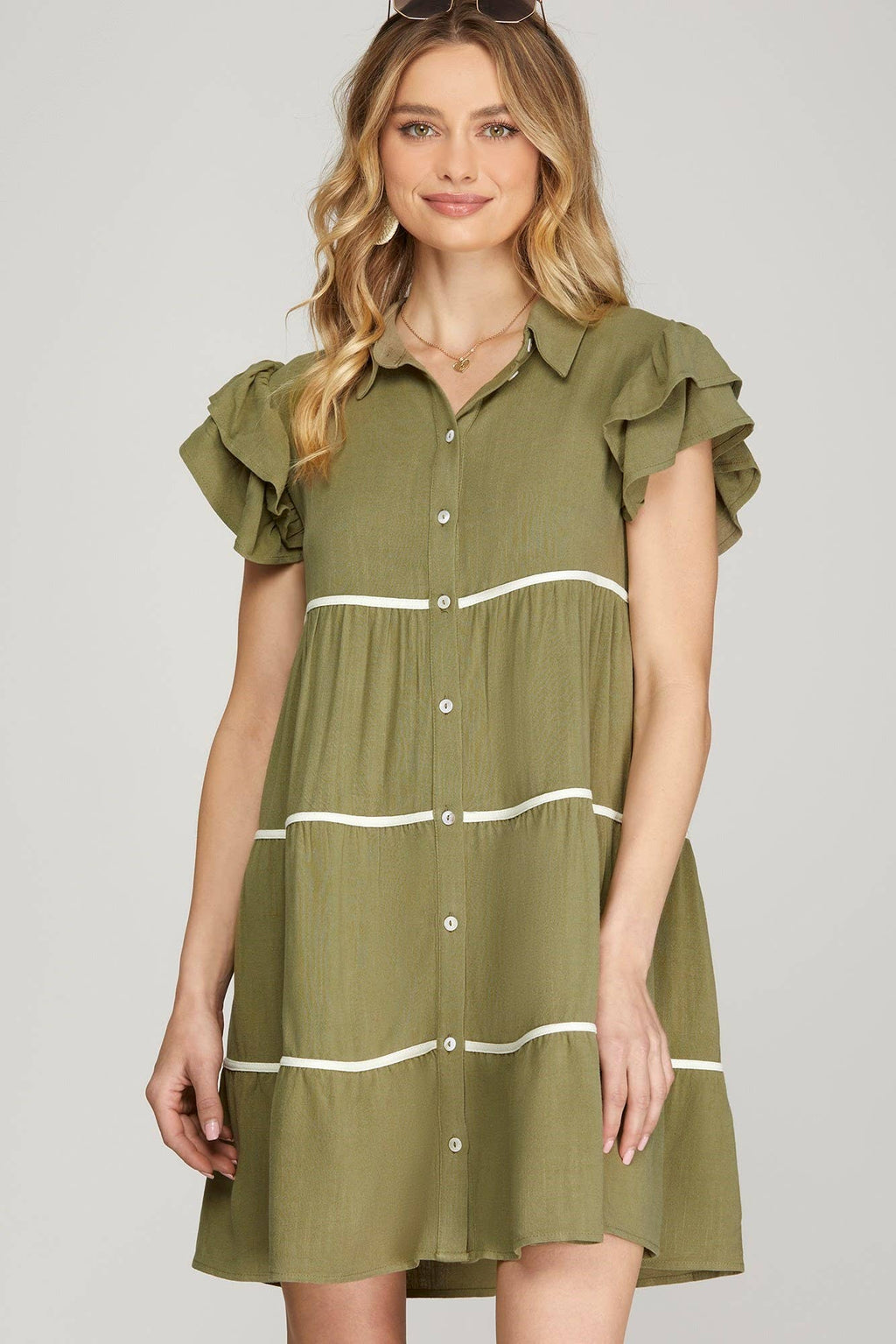 Ruffle Sleeve Woven Tiered Button Down Dress