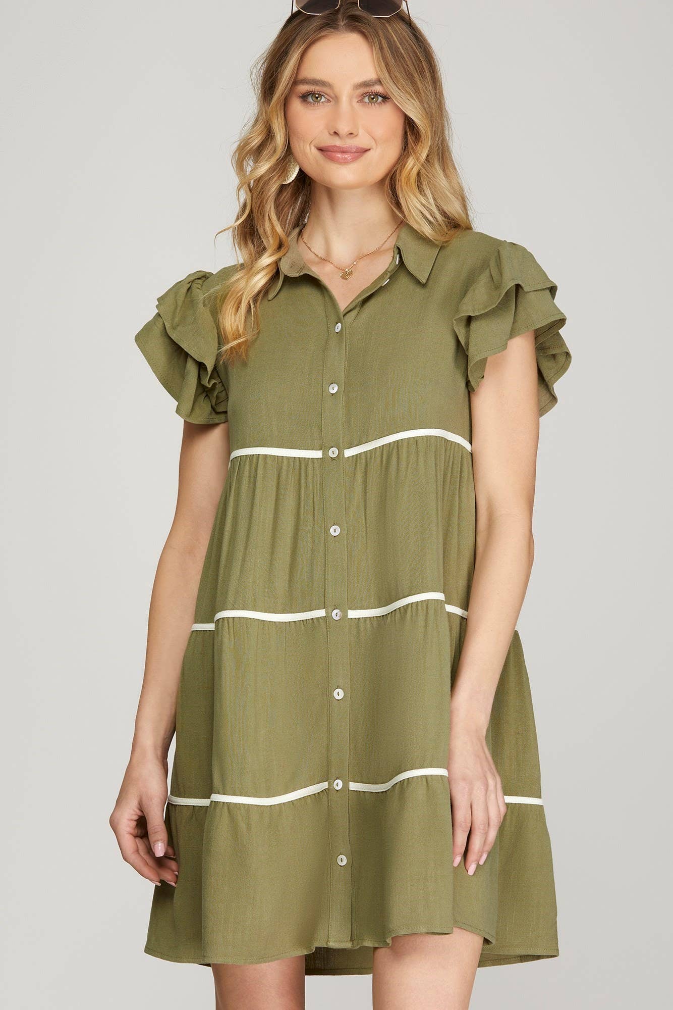 Ruffle Sleeve Woven Tiered Button Down Dress