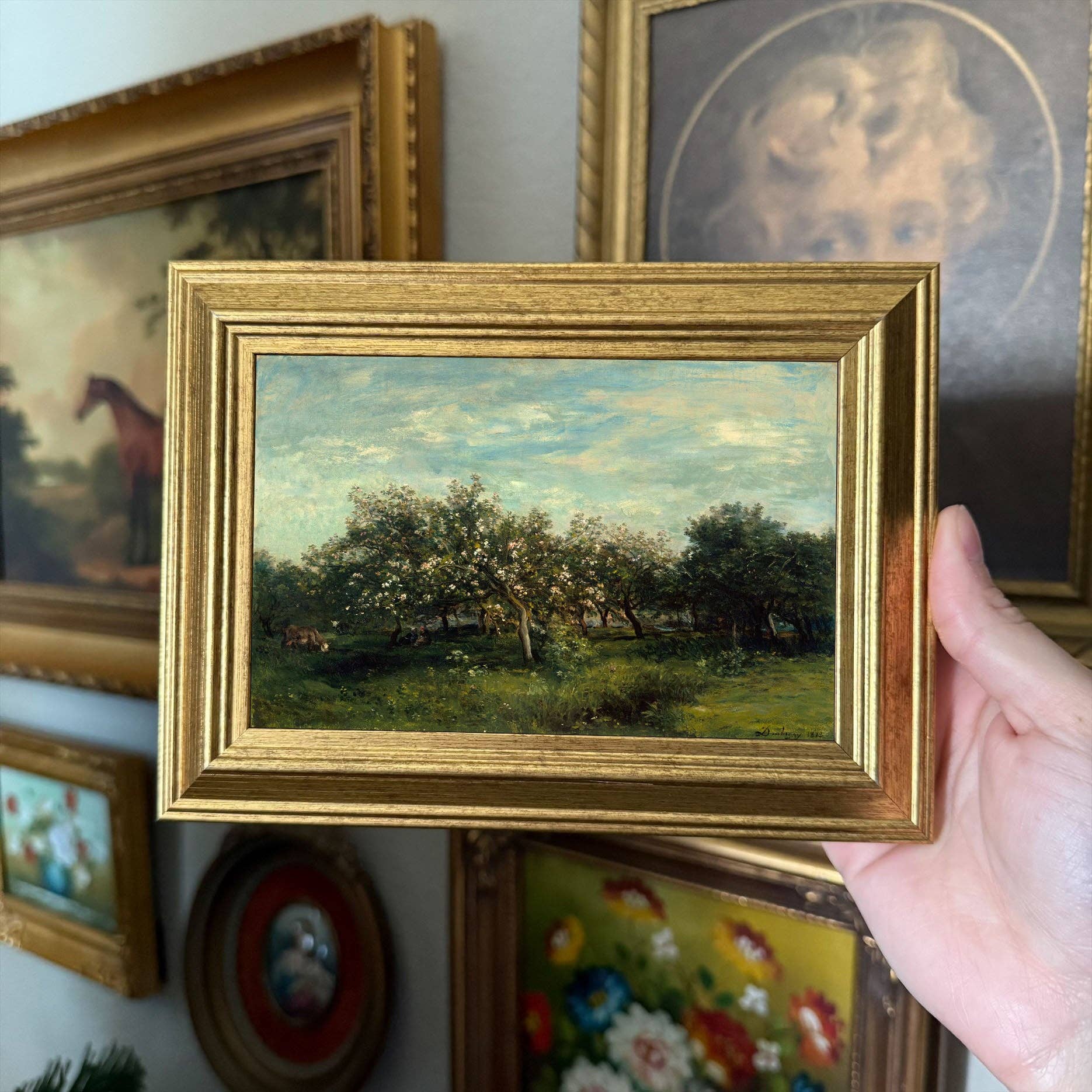 Vintage Style Cow in Apple blossoms landscape Print Framed