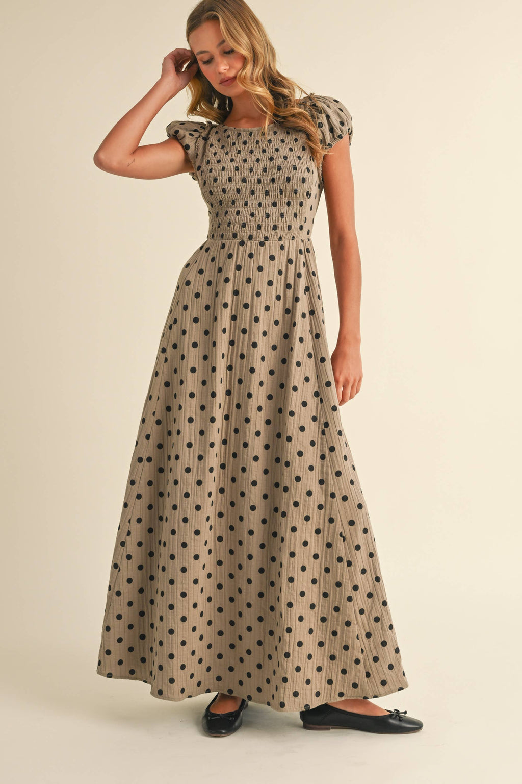 Polka Dot Criss Cross Open Back Smocked Maxi Dress