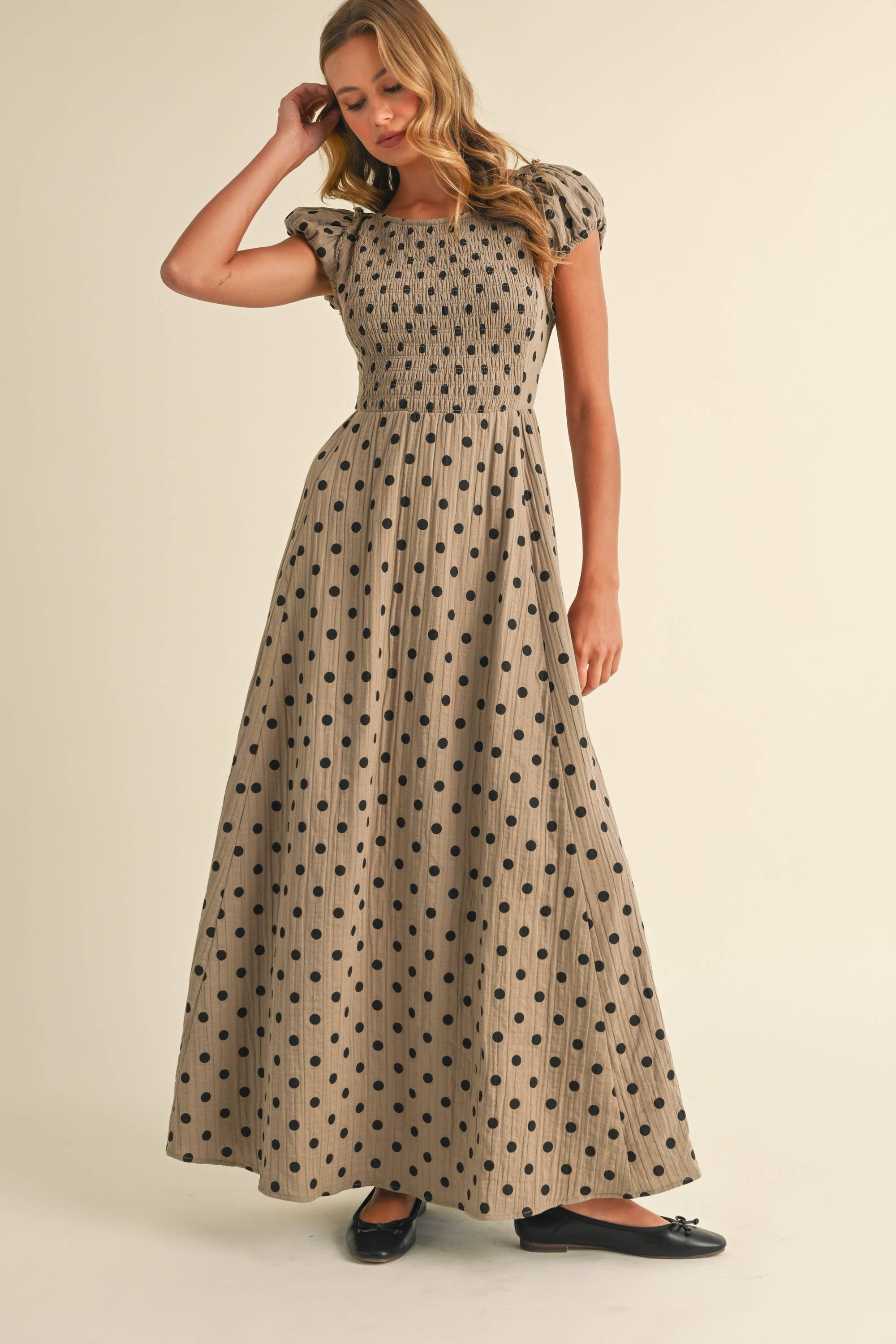 Polka Dot Criss Cross Open Back Smocked Maxi Dress