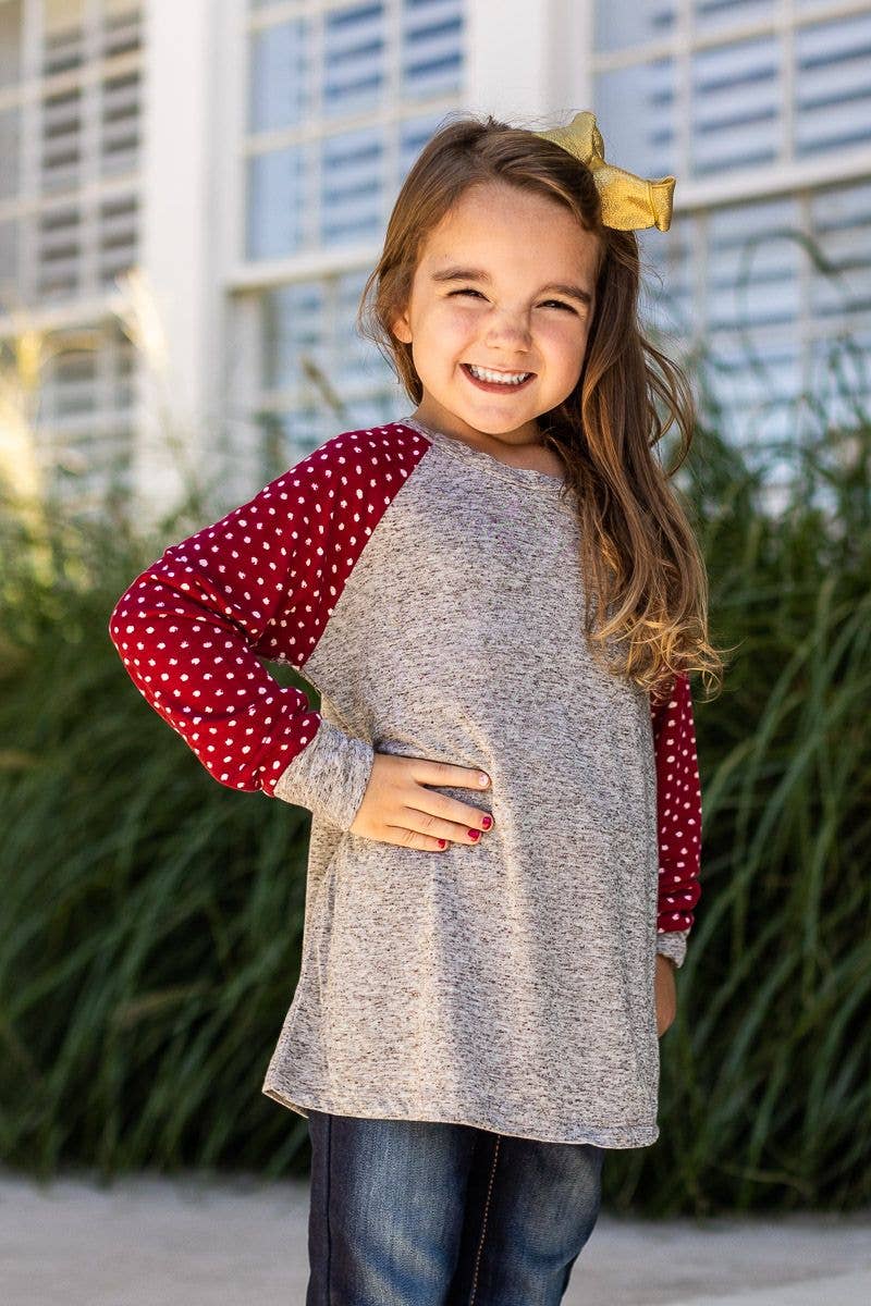 Girls' LS Tee with Polka Dot Print Sleeves