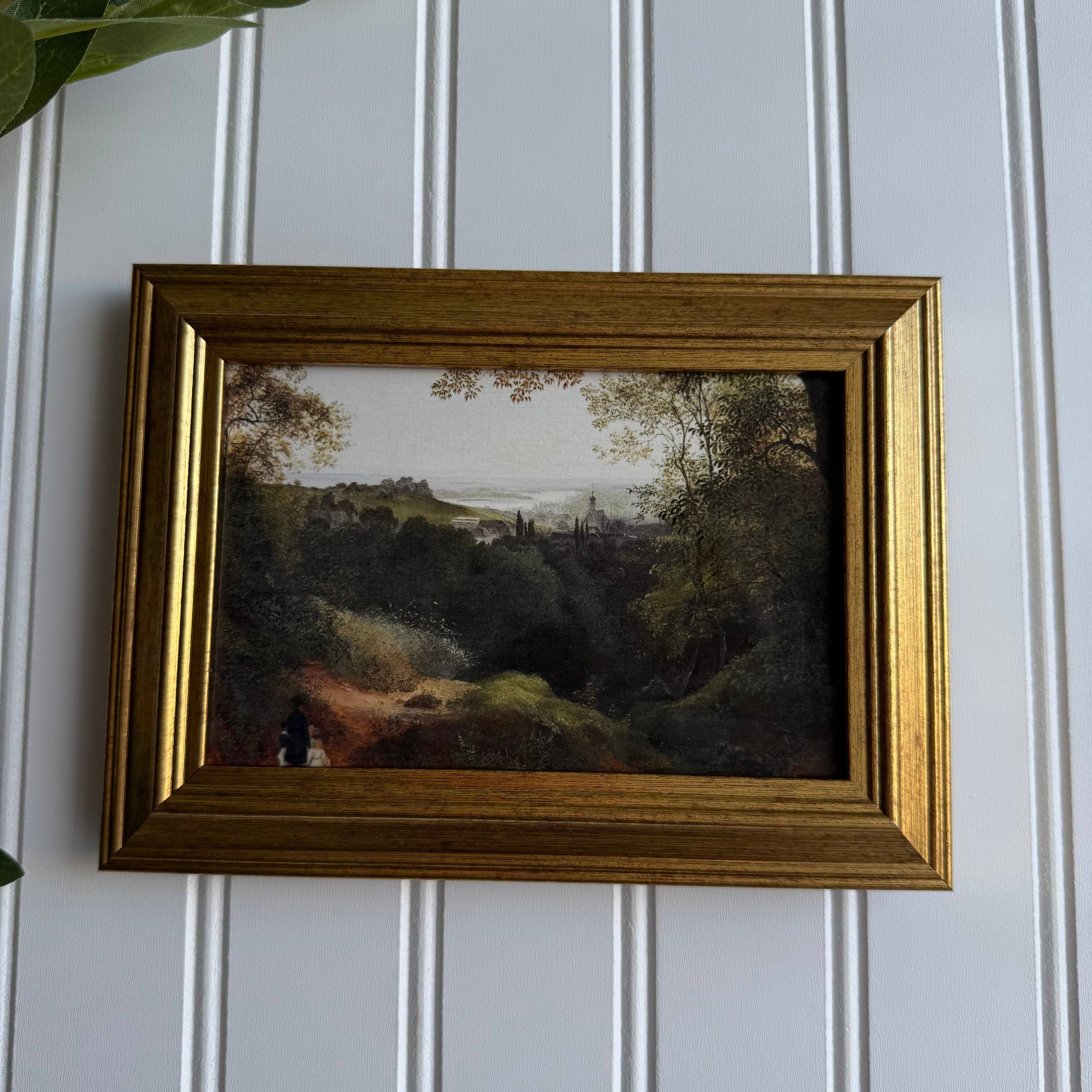 Vintage Style Church On a Hill Scenery Art Print Framed