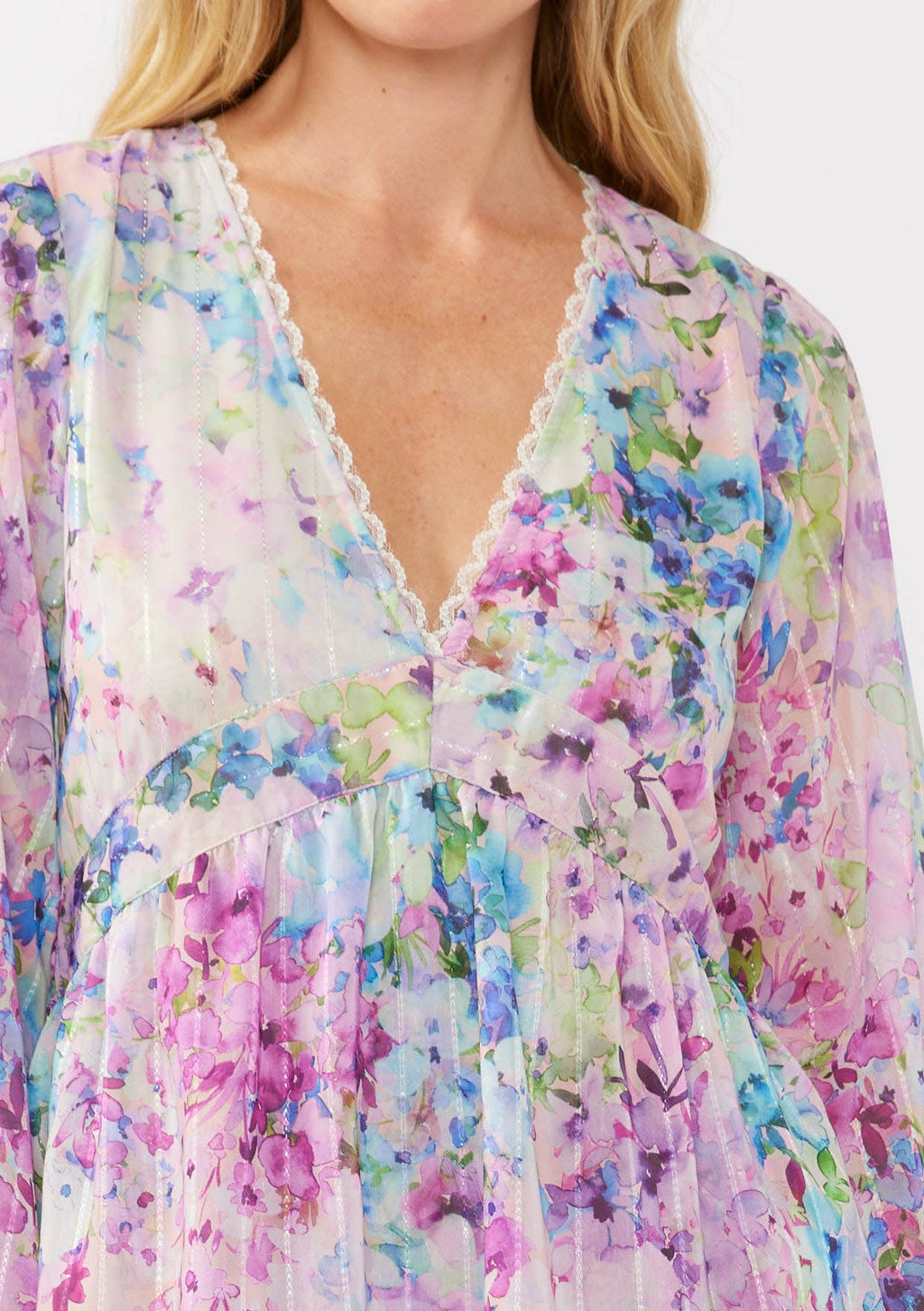 Watercolor Flower V-Neck Tiered Mini Dress