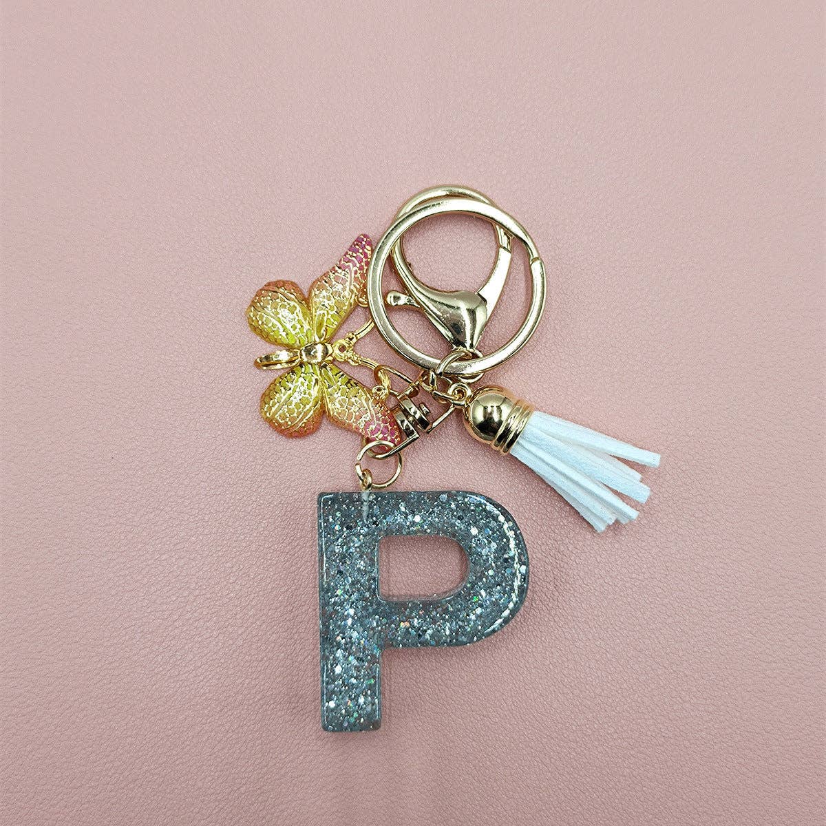 Silver Sequined Resin Letter Charm Keychains
