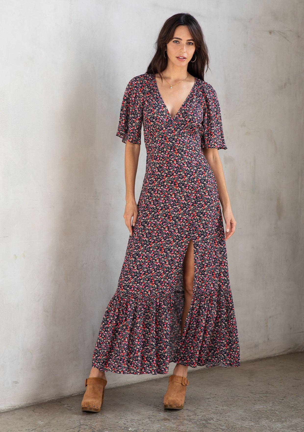 Vintage Floral Print Flutter Sleeve Maxi Dress