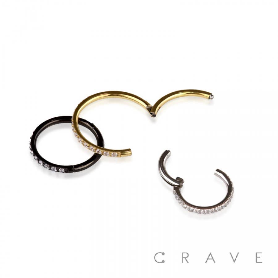 316L SS SIDE CZ HINGED SEGMENT RING FOR SEPTUM,HELIX, TRAGUS: 18GA (1.0MM)-1/4" (6MM)--SS/CLEAR