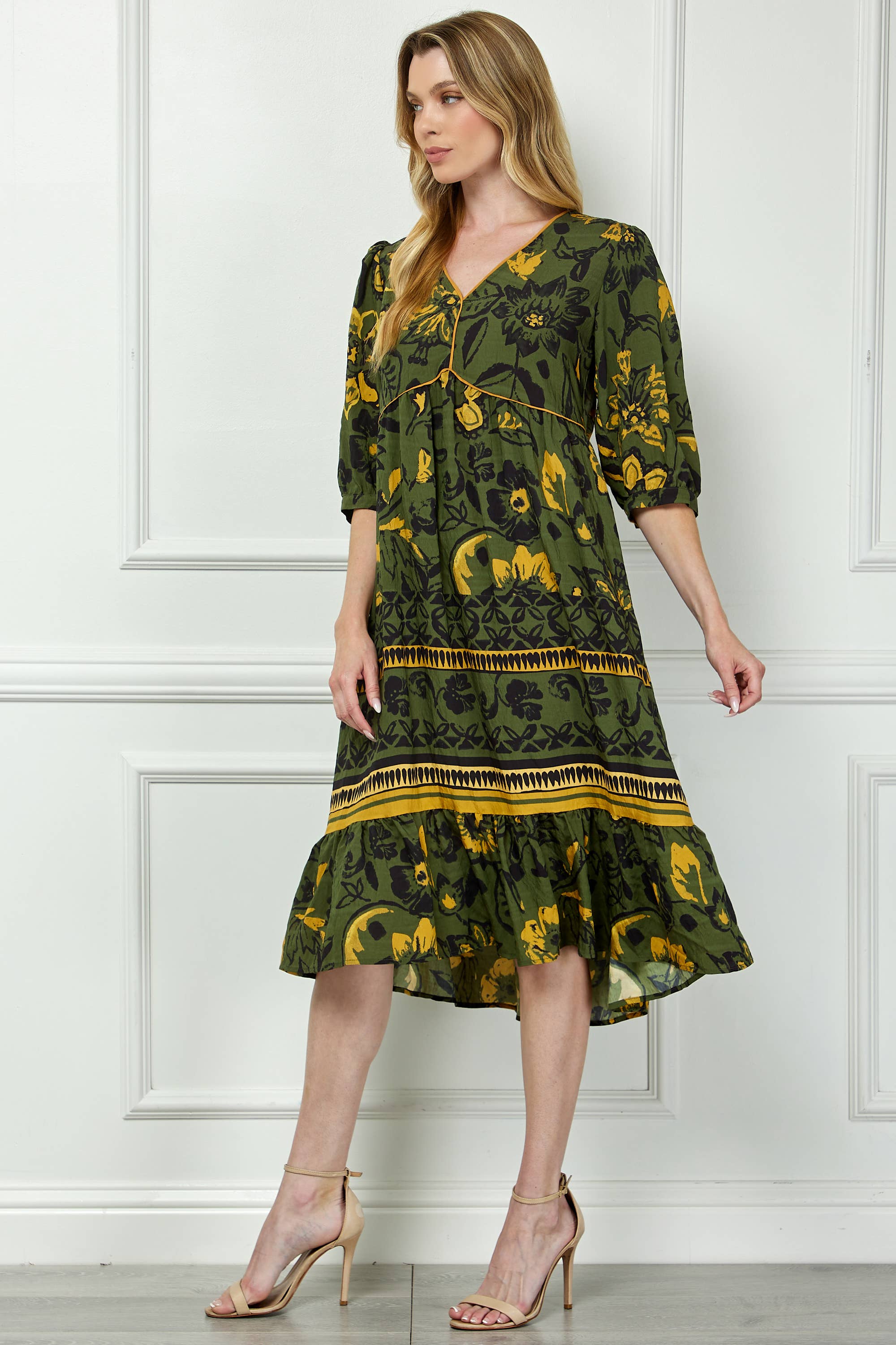 Boho Print Peasant Dress / The Emerald Fox Boutique Olive / XL Boho Print Peasant Dress / The Emerald Fox Boutique Olive / XL