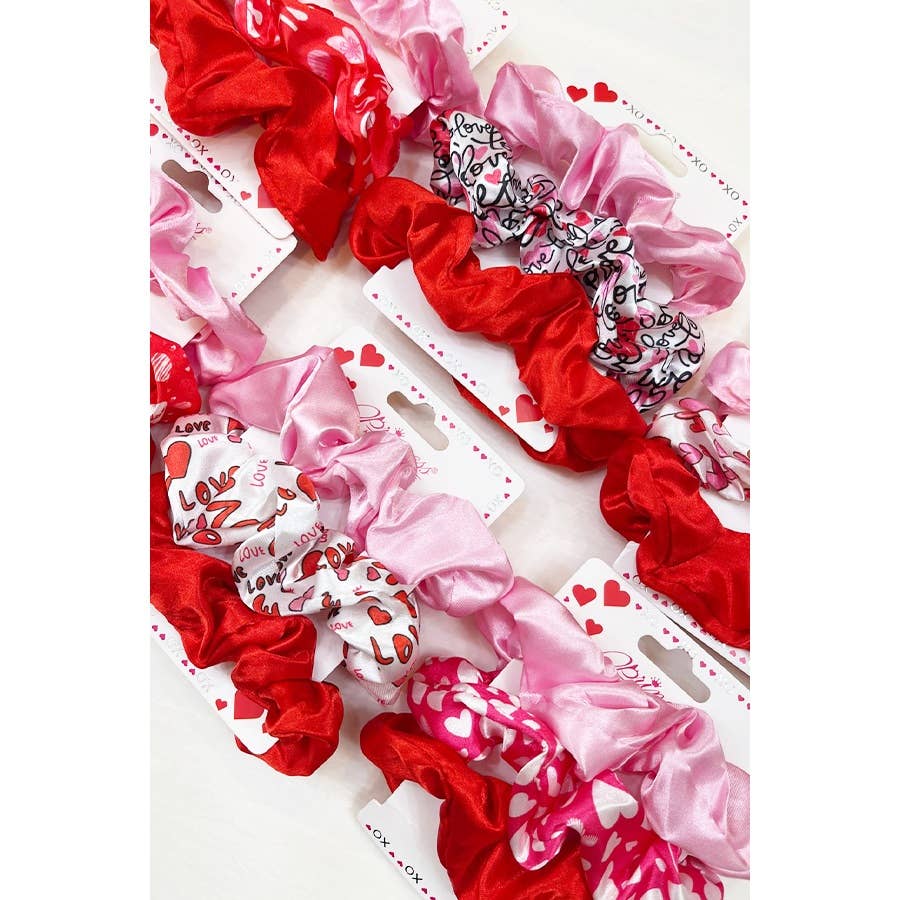 Heart Prints Pink Red Hair Scrunchie Set