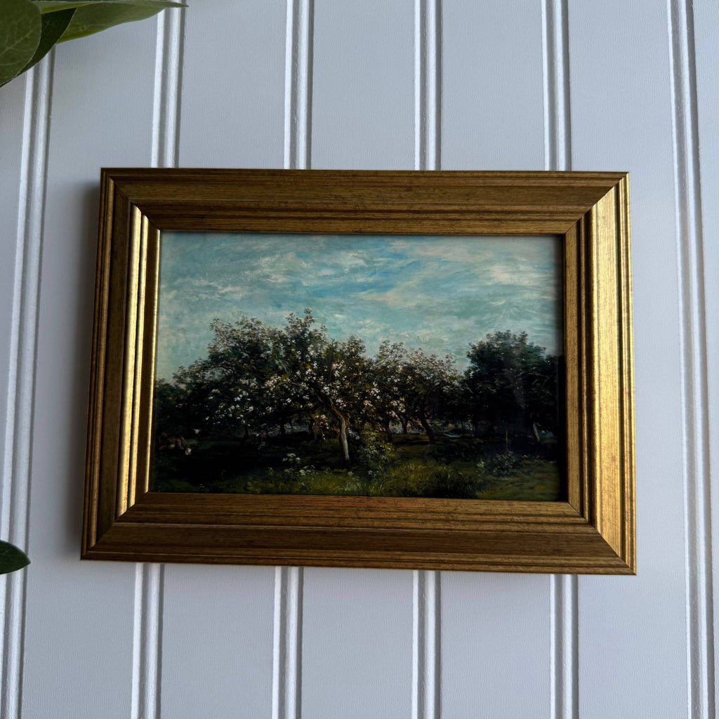 Vintage Style Cow in Apple blossoms landscape Print Framed
