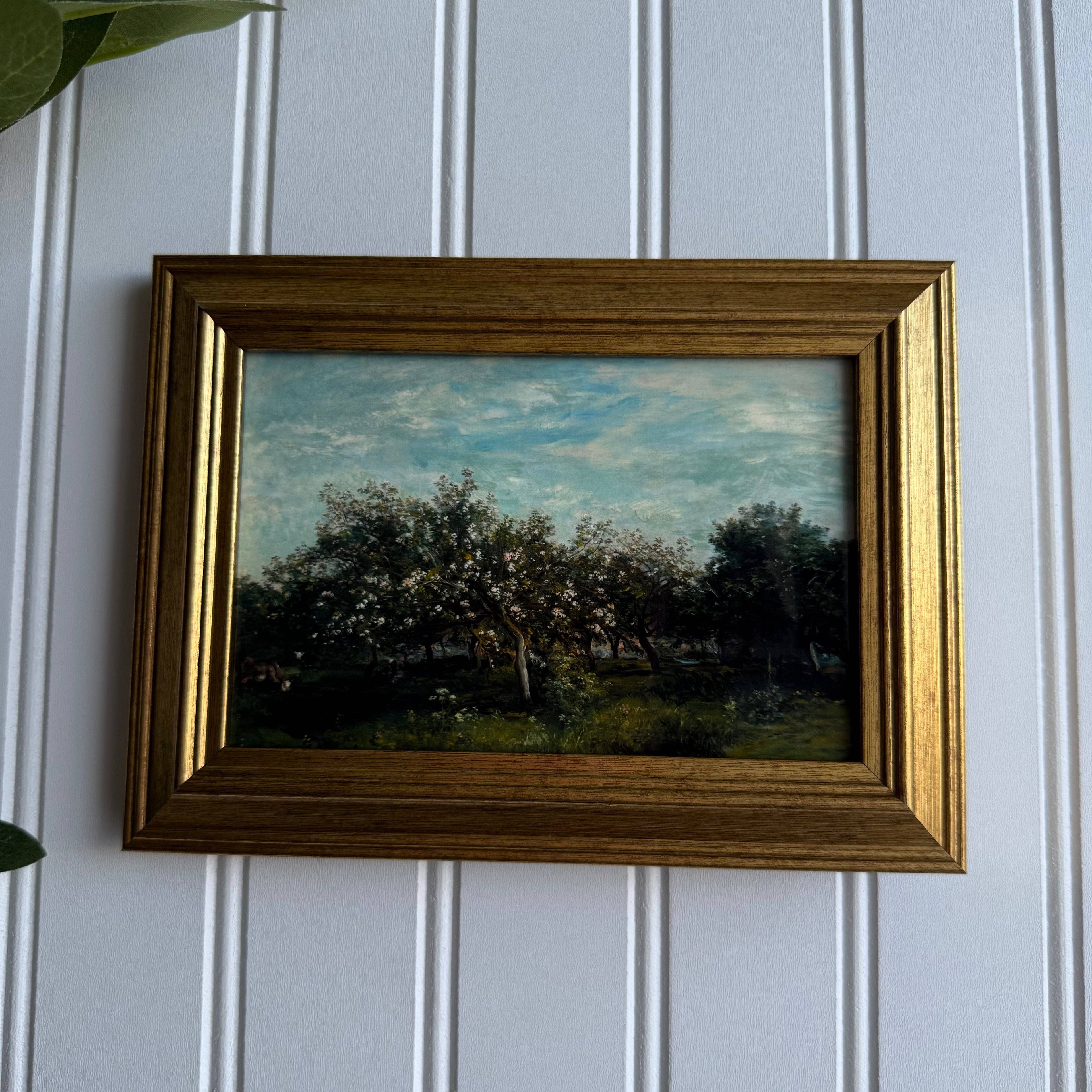 Vintage Style Cow in Apple blossoms landscape Print Framed