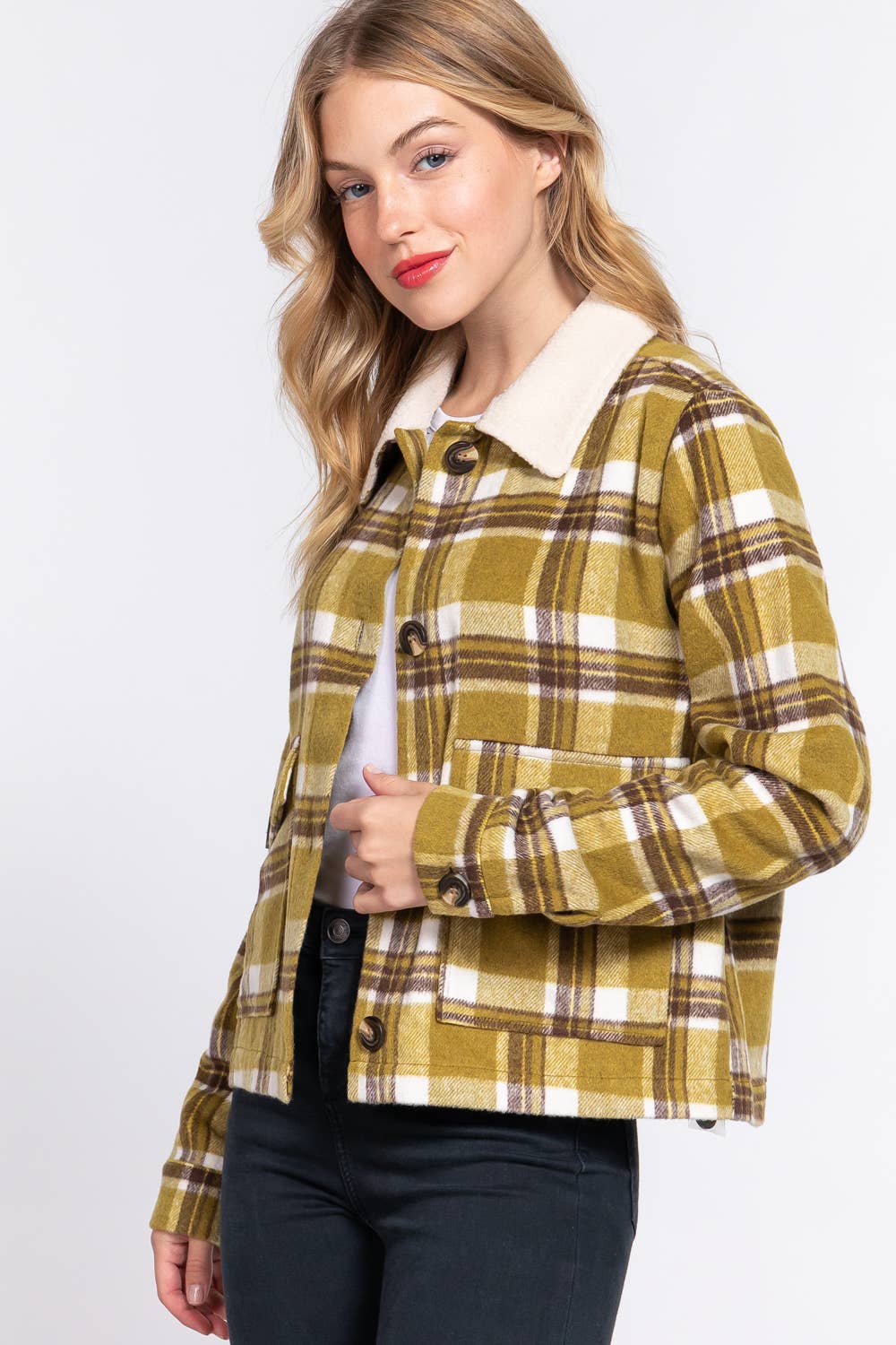 Faux Fur Collar Plaid Shacket