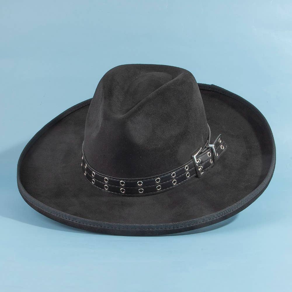 Grommet Belt Faux Suede Fedora Hat