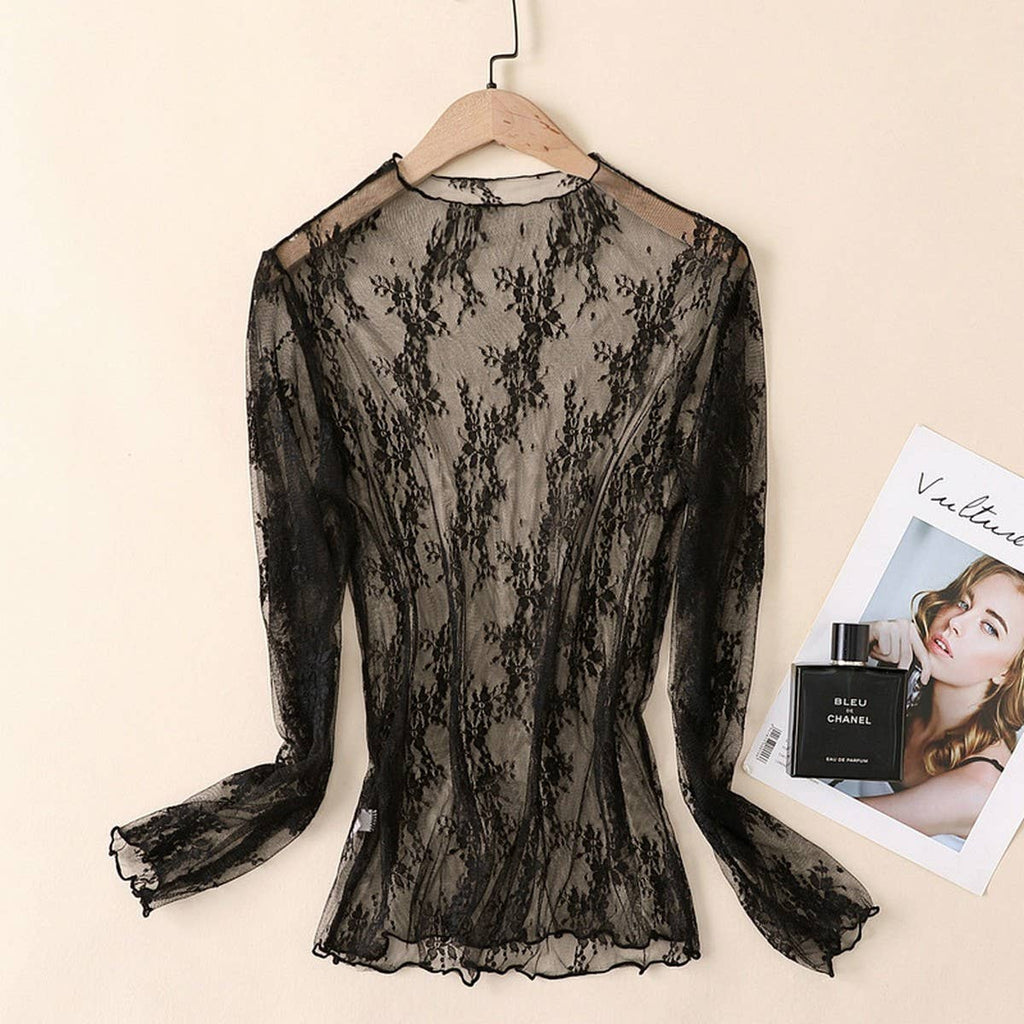 Sexy Mesh Blouse - Long Sleeve Lace