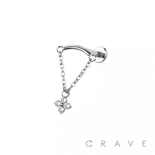 Curved Bar Dangle Clear Flower CZ Chain Labret