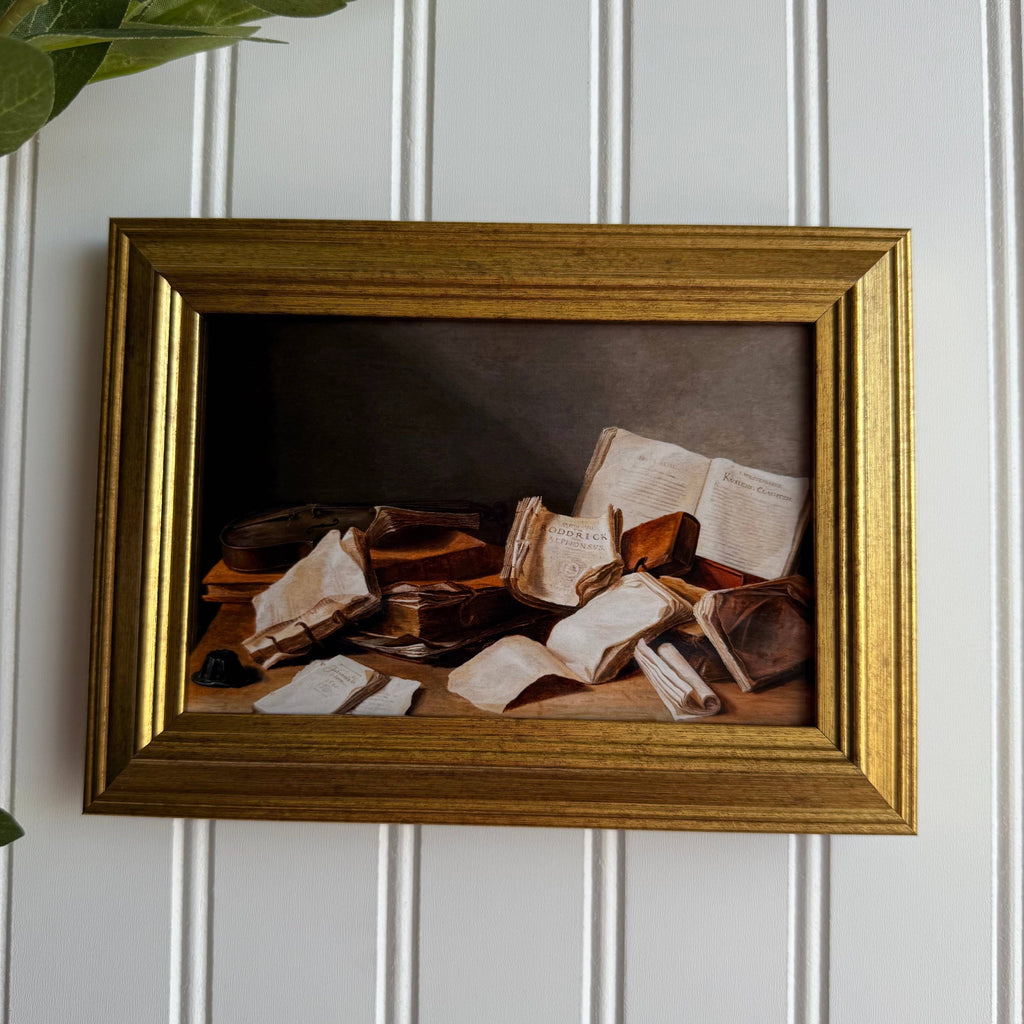Vintage Style Stack of old books Still Life Art Print Framed