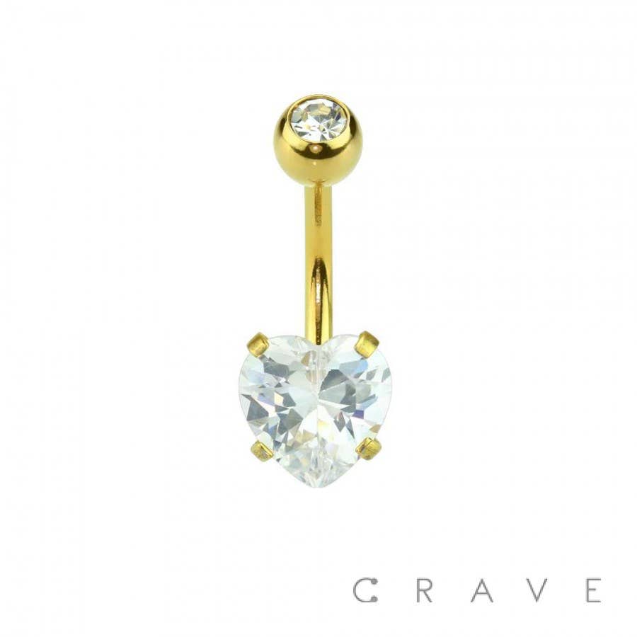 Gold Plated Prong Set Heart CZ 316L Navel Ring