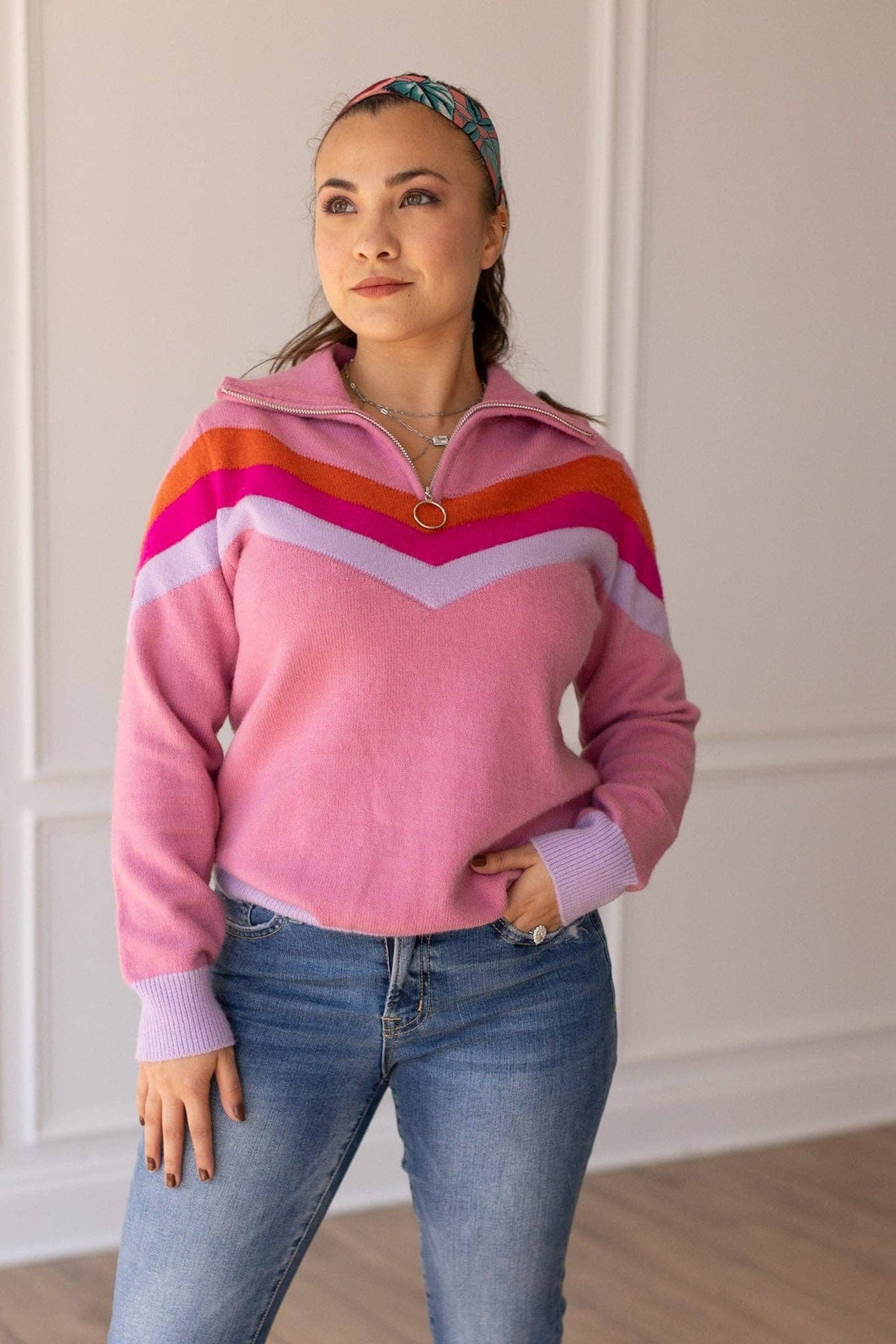 Vintage Vibes Pink Quarter Zip Sweater: Pink / X-Large