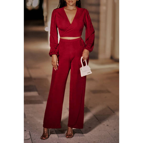 Solid V Neck Cross Crop Top and Pants Set