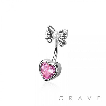 CZ Heart Bow Ribbon Belly Button Ring