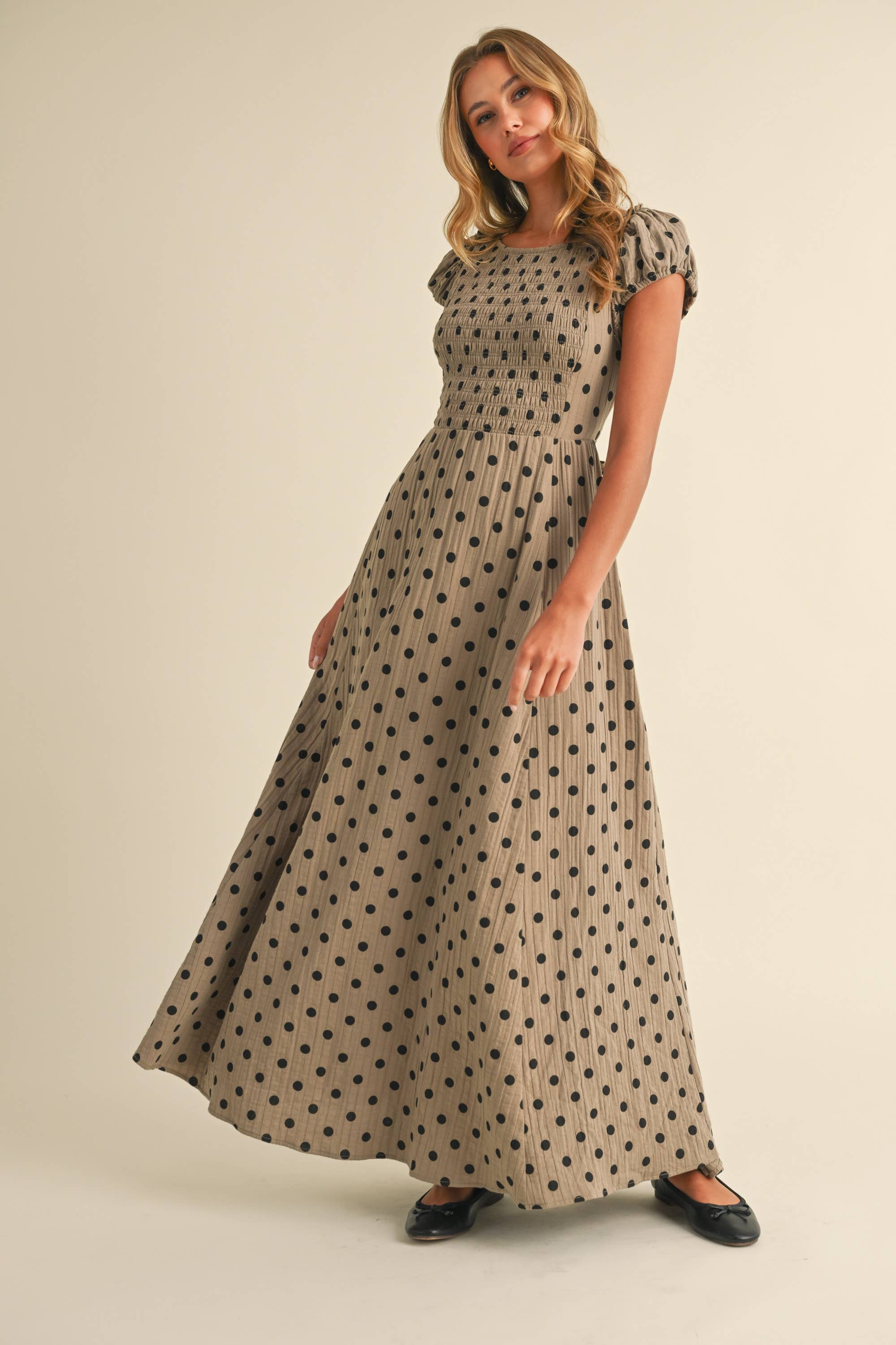 Polka Dot Criss Cross Open Back Smocked Maxi Dress