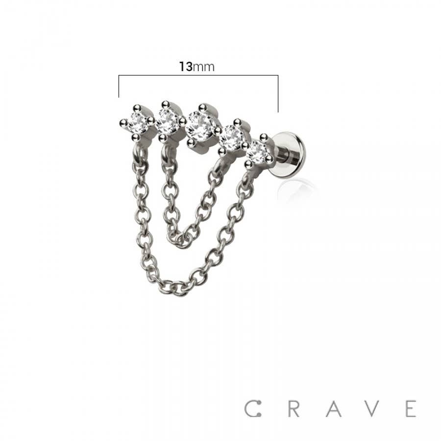 Multi Round CZ Dangle Chain Top Threadless Labret
