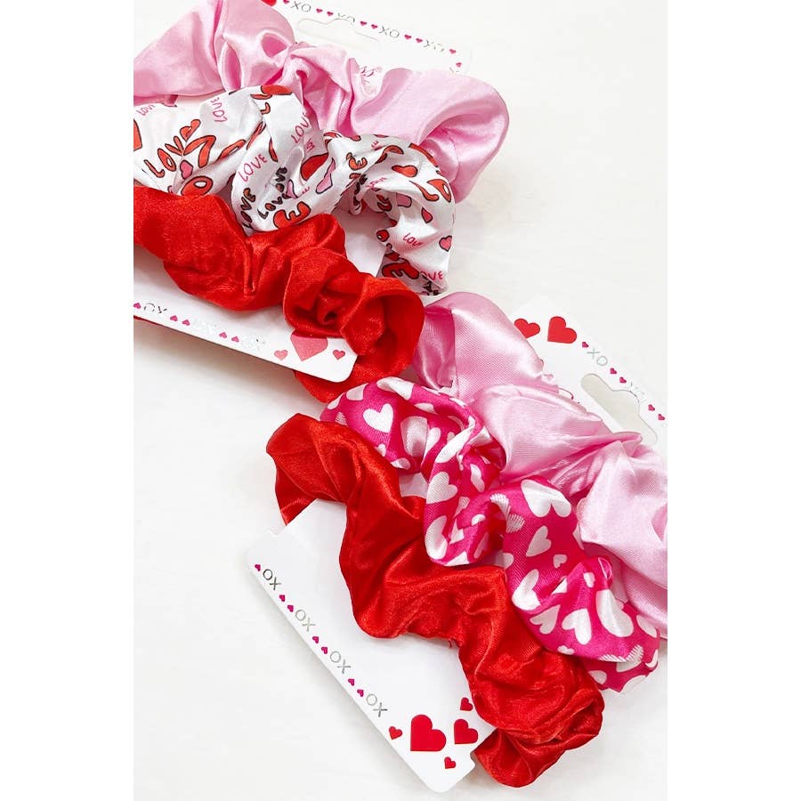 Heart Prints Pink Red Hair Scrunchie Set