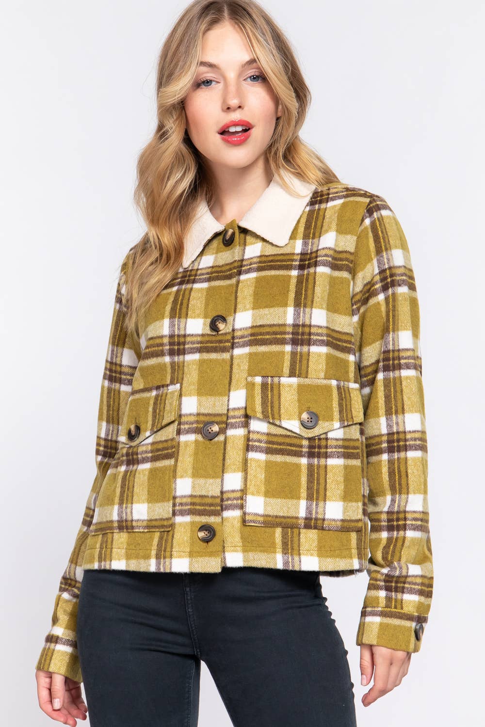 Faux Fur Collar Plaid Shacket