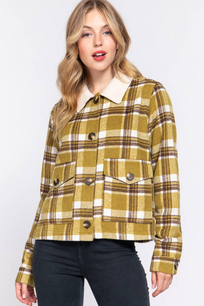 Faux Fur Collar Plaid Shacket