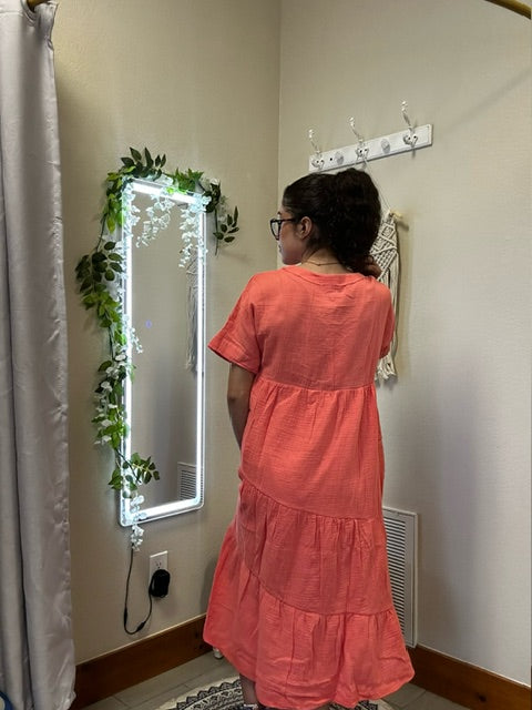 Frayed Detail Soft Crinkle Gauze Midi Dress