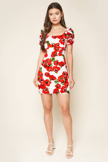Fly Away Floral Print Ruched Sleeve Mini Dress