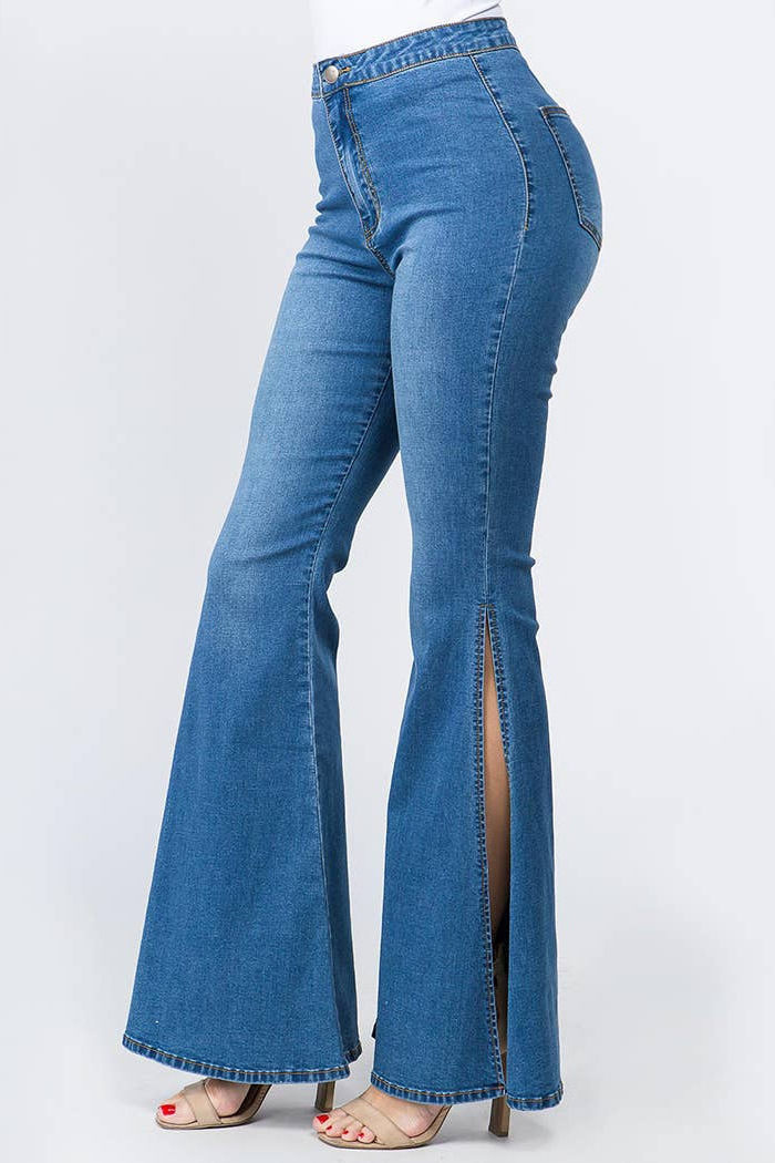 Plus Size High Waist Bell Bottom Slit Denim Jeans