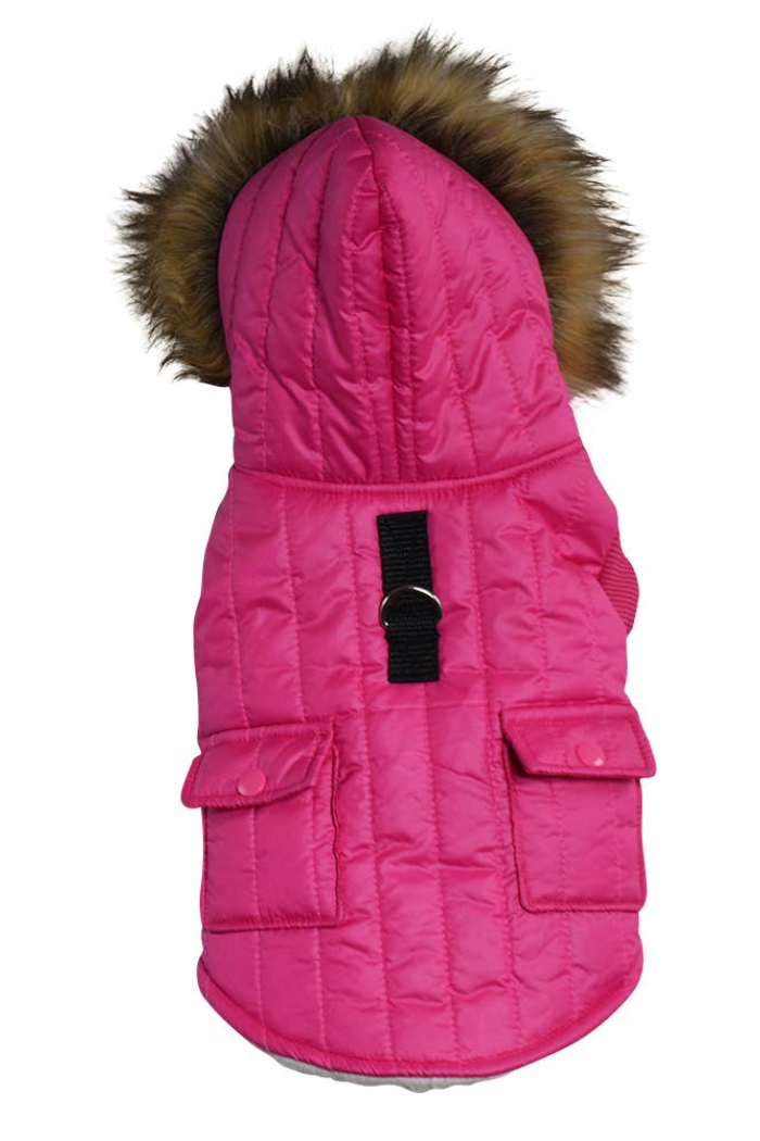 Pink Parka Fleece Lined Dog Jacket with Leash Ring