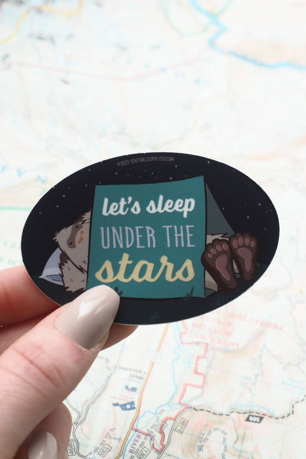 Let's Sleep Under the Stars Sasquatch Sticker.