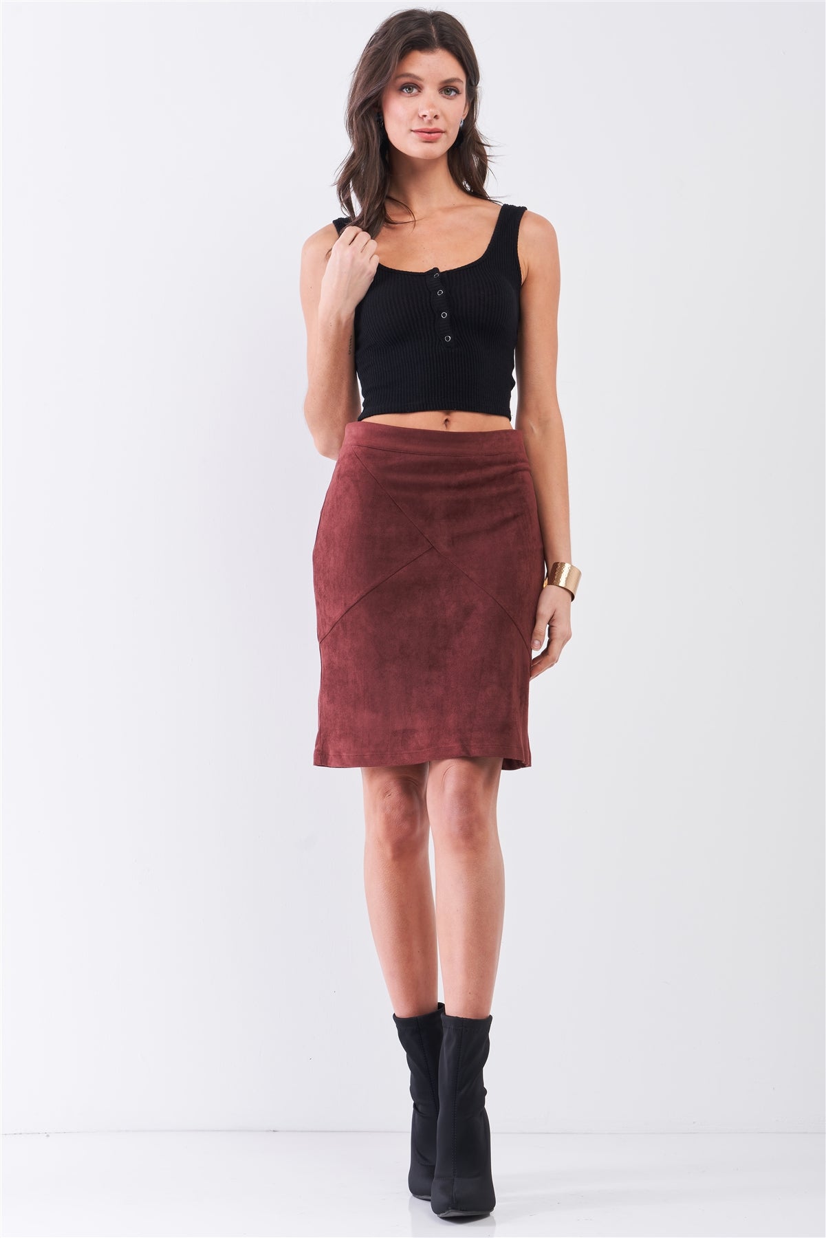 Redwood Faux Suede High-Waisted Asymmetrical Stitch Midi Skirt