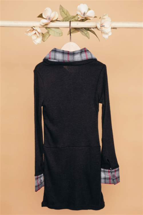 Girls Black Charcoal Plaid Sweater Dress
