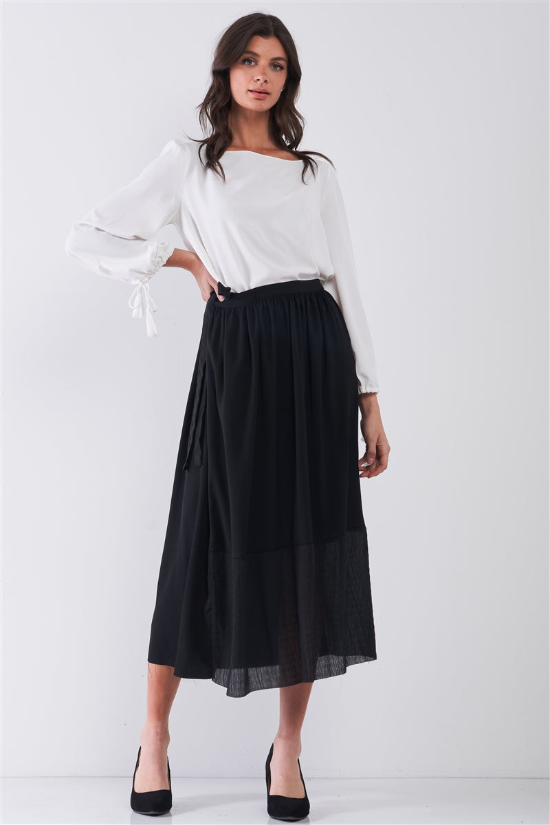 Black Self-Tie High Waist A-Line Flare Midi Skirt